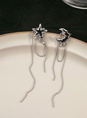 甜酷风星星月亮无耳洞耳夹 长款流苏不对称耳饰小众滴油耳骨夹女