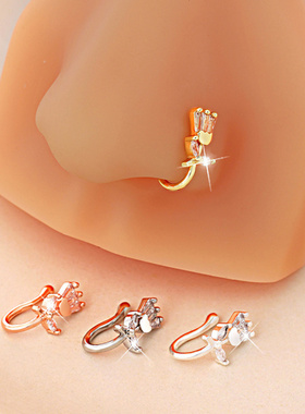 欧美个性非穿孔U形鼻钉 简约轻奢精致镶钻郁金香花朵鼻夹