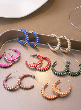 新品七彩拼色C形金属耳环女复古宫廷风气质圆环耳钉时尚百搭耳饰