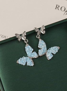 超仙气镶钻蓝色水晶蝴蝶银针耳钉女春夏高级感森系耳环清新潮耳饰