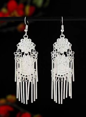 法式复古苗银长款流苏耳环2023年新款女夸张大气气质百搭耳坠耳饰