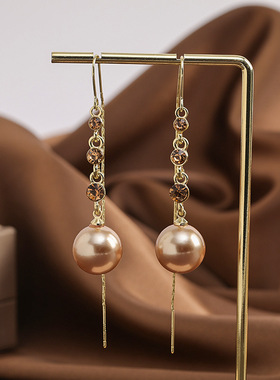 韩国超闪镶钻珍珠流苏耳线女S925银针轻奢高级感耳环时尚百搭耳饰