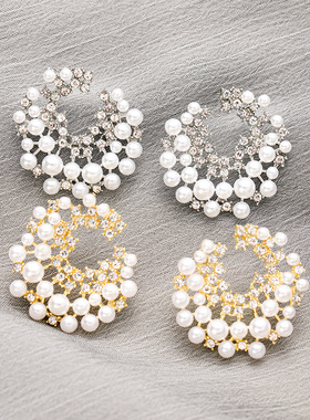 韩版轻奢C形珍珠镶钻仿银针耳钉女时尚百搭高级感耳环小香风耳饰