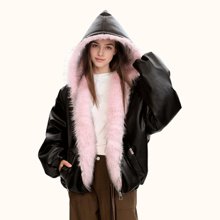 美式 座山雕PU皮派克服男女双面穿潮牌痞帅连帽棉服棉袄皮草外套女