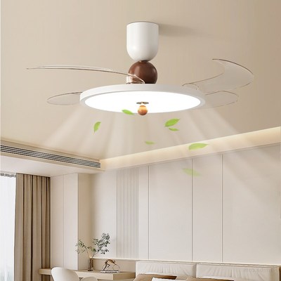 风扇灯复古胡桃木纹新款卧室吸顶灯中古风超薄隐形静音餐厅电扇灯