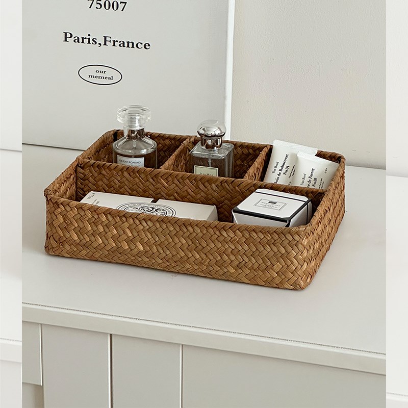 草编收纳筐日式拍照道具咖啡液零食收纳盒桌面茶几杂物收纳分格