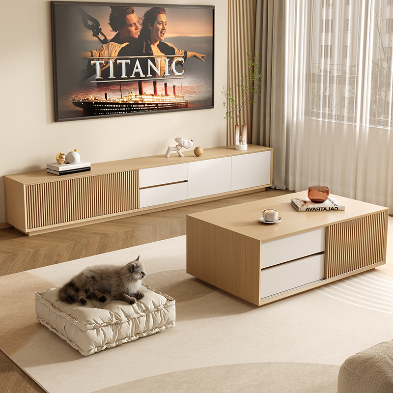 原木风电视柜轻奢客厅p小户型储物柜家用法式奶油风白色卧室地柜