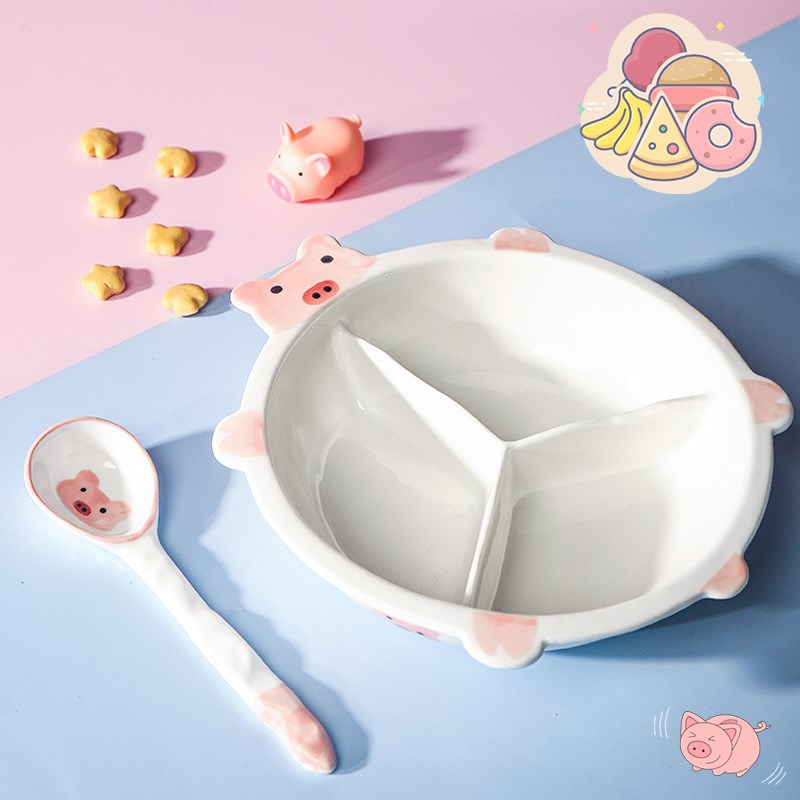 7英寸陶瓷釉下彩可爱q早餐盘子大人儿童分格餐盘食堂幼儿园家用盘