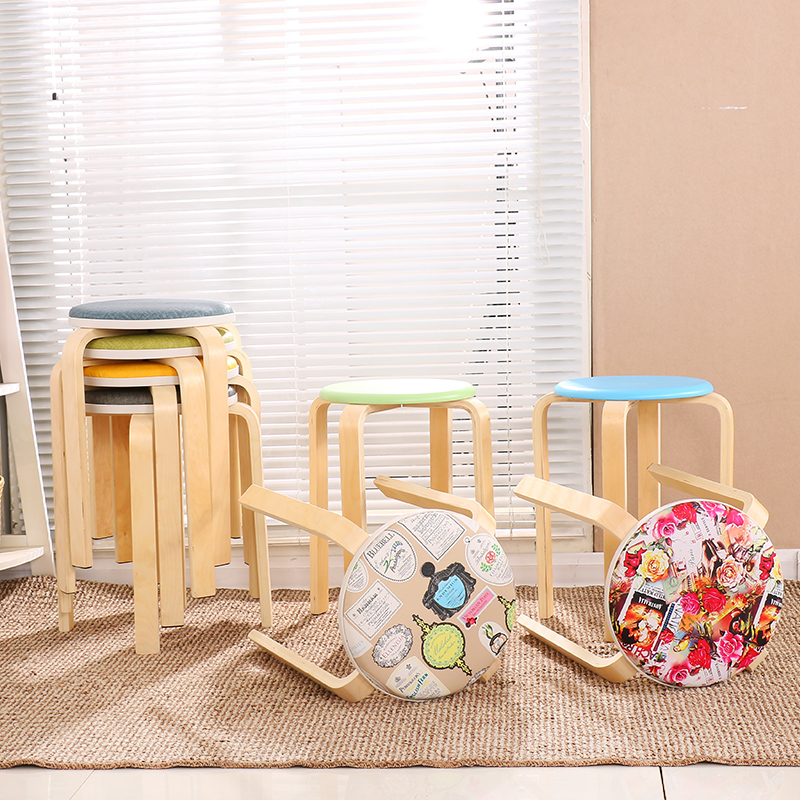 圆凳子板凳实木家用餐桌凳简约北欧曲G木高四腿加厚餐厅可叠放卧