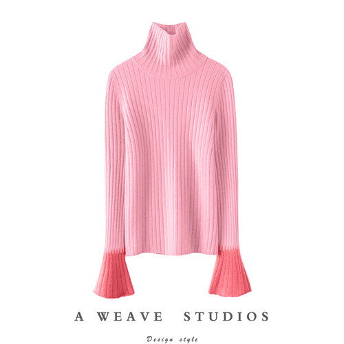 启超内外兼修!高领羊绒衫100纯羊绒女毛衣喇叭袖针织打底衫秋冬