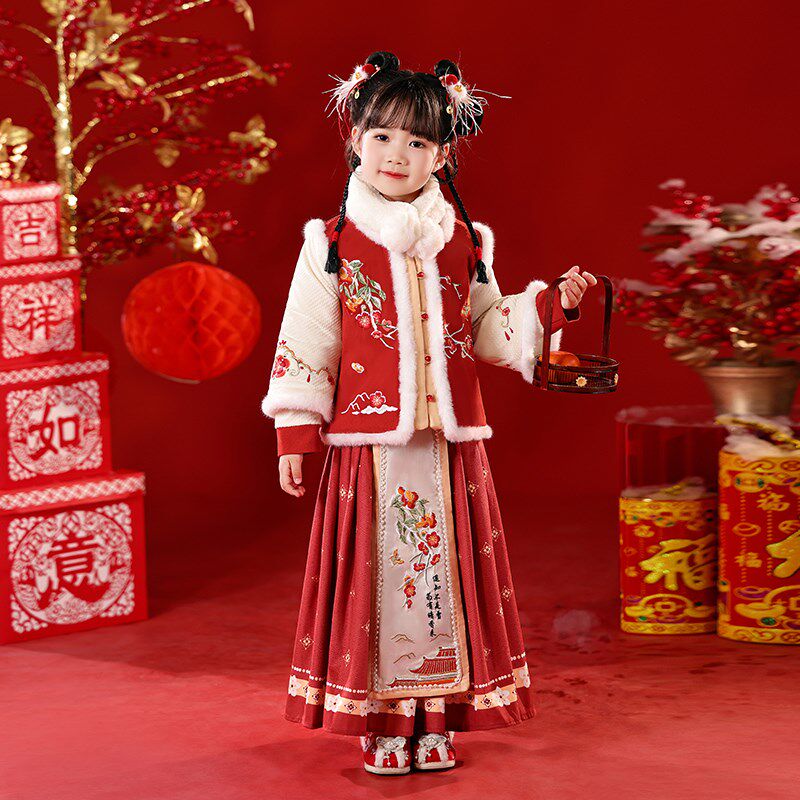拜年服女童2025儿童汉服新中式新年冬季加厚女红冬装过年喜庆衣服
