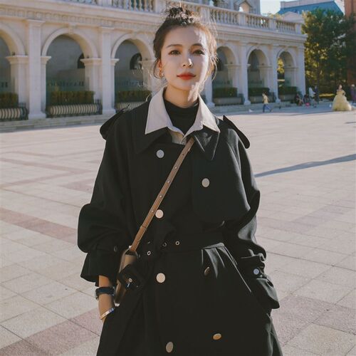 黑色胖妹妹风衣女中长款2021新款胖mm大码韩版过膝大衣外套200斤