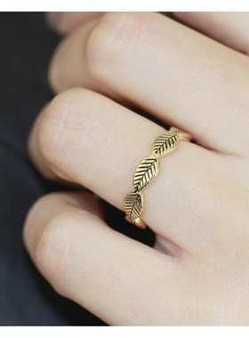 新品 简约复古做旧叶子指环个性开口可调节尺码女款食指戒百搭款