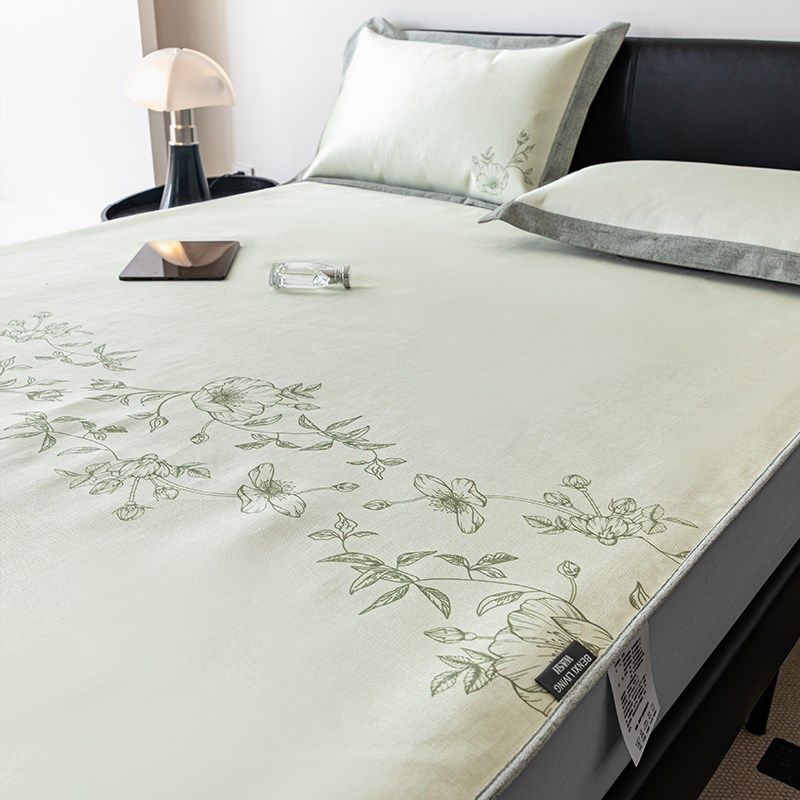 2024新款田园风印花冰丝凉席三件套床笠款夏季凉感双人空调软席子,床上用品,冰丝席,淘宝优惠券,粉丝福利购,淘宝优惠卷