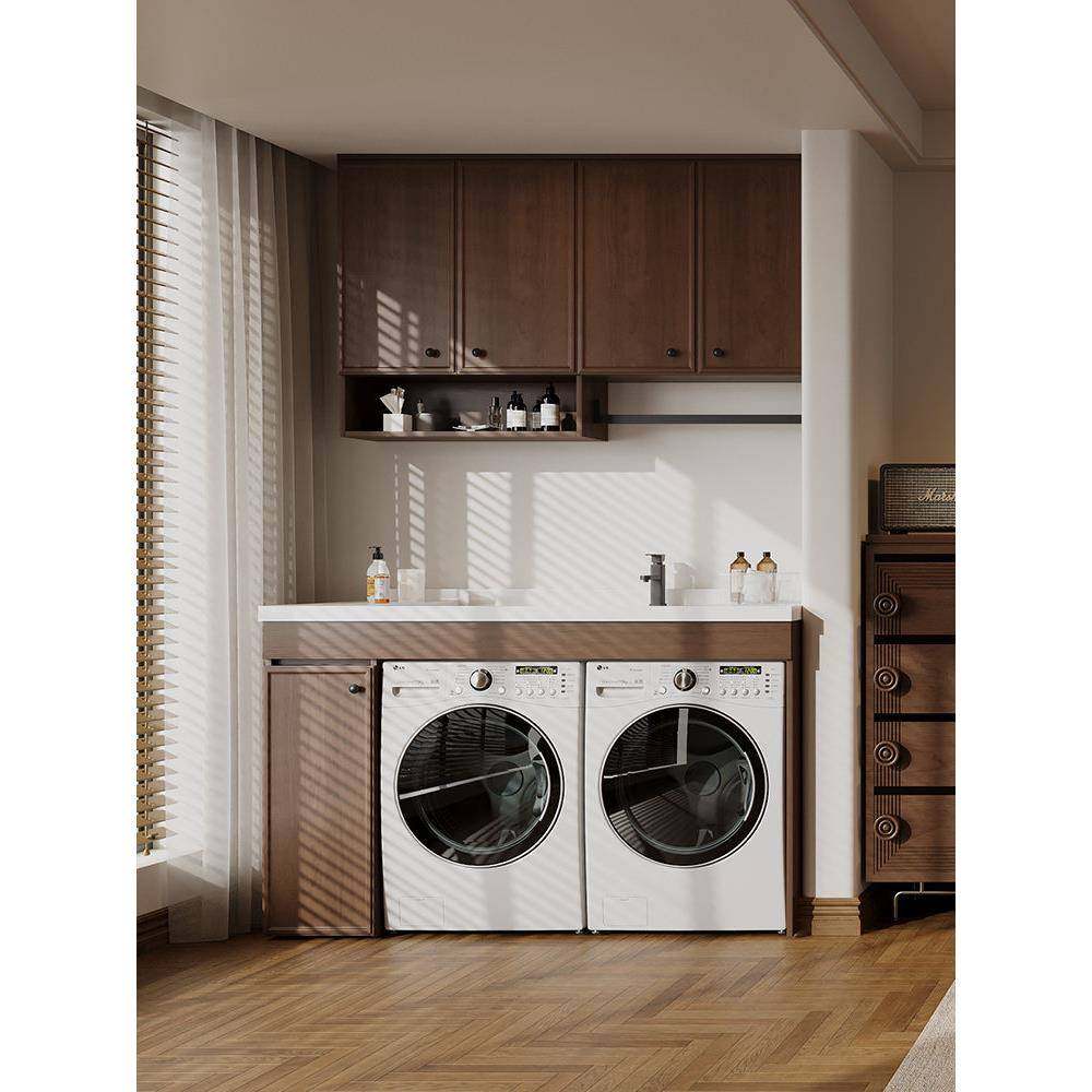 定制阳台柜洗衣池台盆一体柜大水池带搓板双洗衣机柜烘干机组合柜