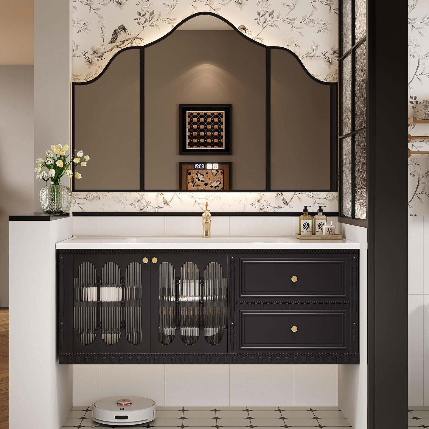 法式覆古浴室柜组合橡木定制岩板热弯陶瓷一体卫生间洗手盆洗漱台