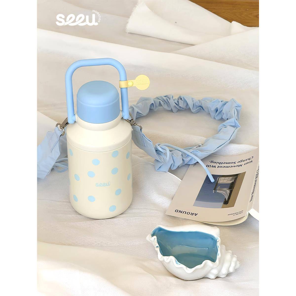 seeu波尔卡保温杯拎桶保温壶316不锈钢水杯带滤网大容量1000ml