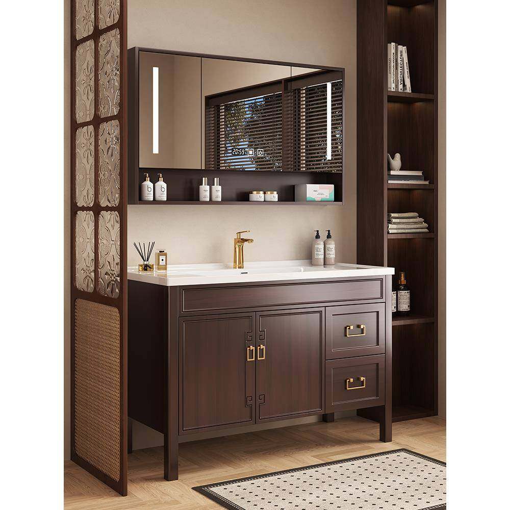 新中式橡木浴室柜陶瓷一体盆卫生间落地式智能洗手台洗脸盆柜组合