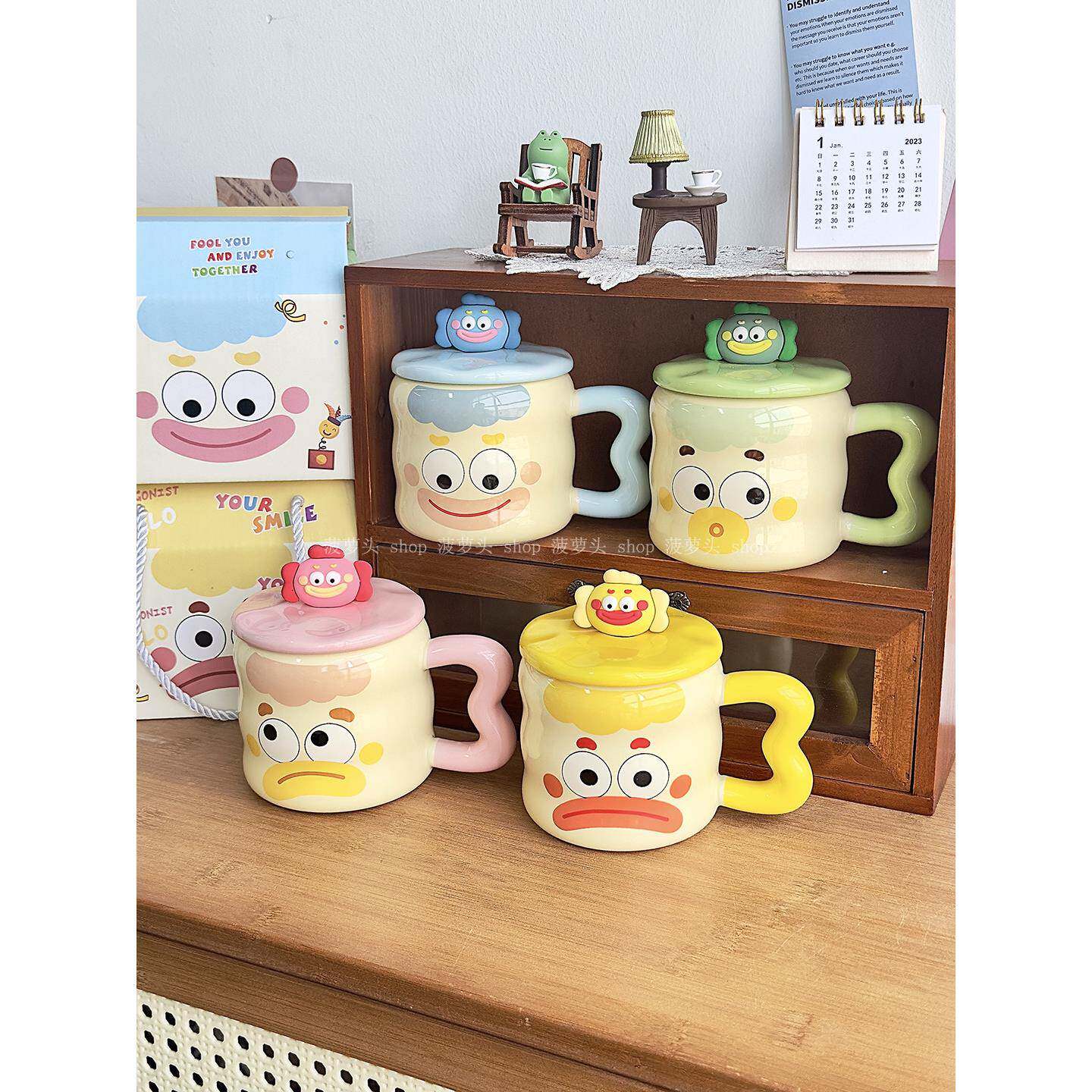 可爱呆萌小丑马克杯创意搞怪杯子陶瓷带盖勺情侣吸管水杯生日礼物