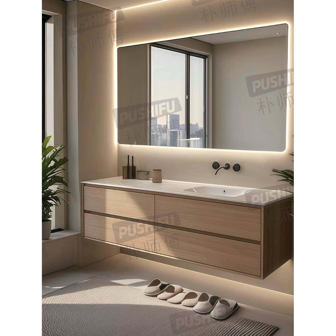 全铝蜂窝铝2025新款原木风岩板热弯无缝陶瓷一体盆浴室柜组合定制