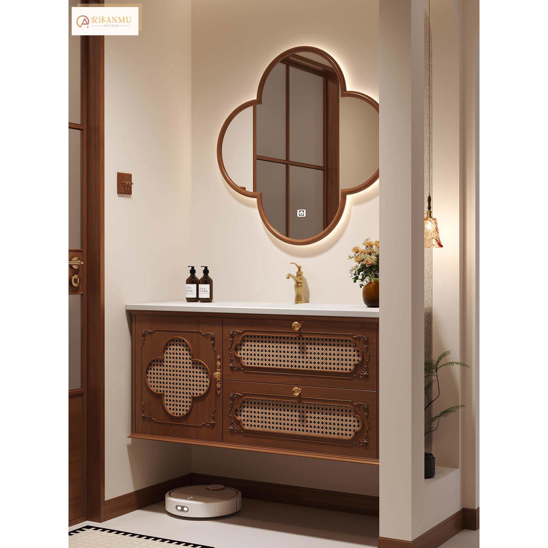 宋氏美学法式中古风梅花镜子岩板热弯一体盆浴室柜组合洗漱台定制