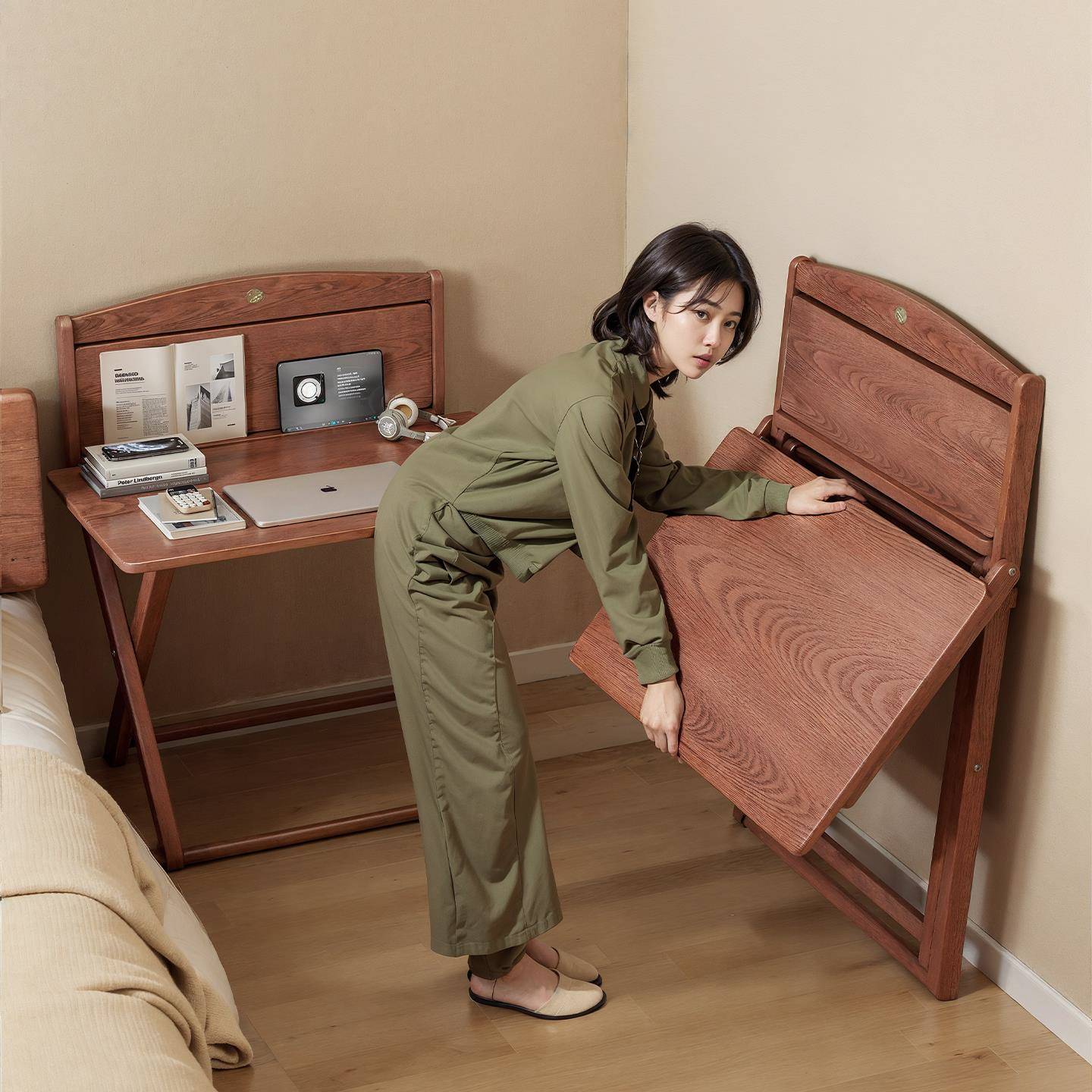 实木折叠书桌学生家用电脑桌卧室小户型床边学习小桌子简易办公桌