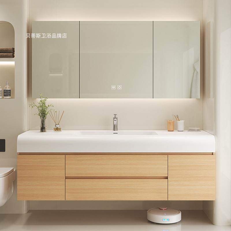 实木浴室柜组合可丽耐肤感一体洗脸手盆简约卫生间智能洗漱台定制