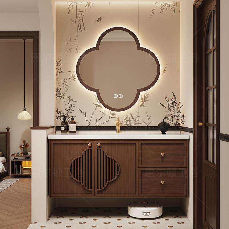 宋氏美学橡木浴室柜组合卫生间陶瓷一体盆中古风实木洗手盆洗漱台