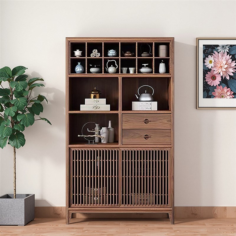 新中式边柜茶叶柜茶具柜子茶室禅意展示柜实O木老榆木胡桃色多宝