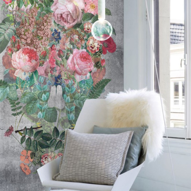 个性时尚创意艺术灰色p玫瑰花壁画卧室玄关餐厅背景墙墙纸壁纸墙