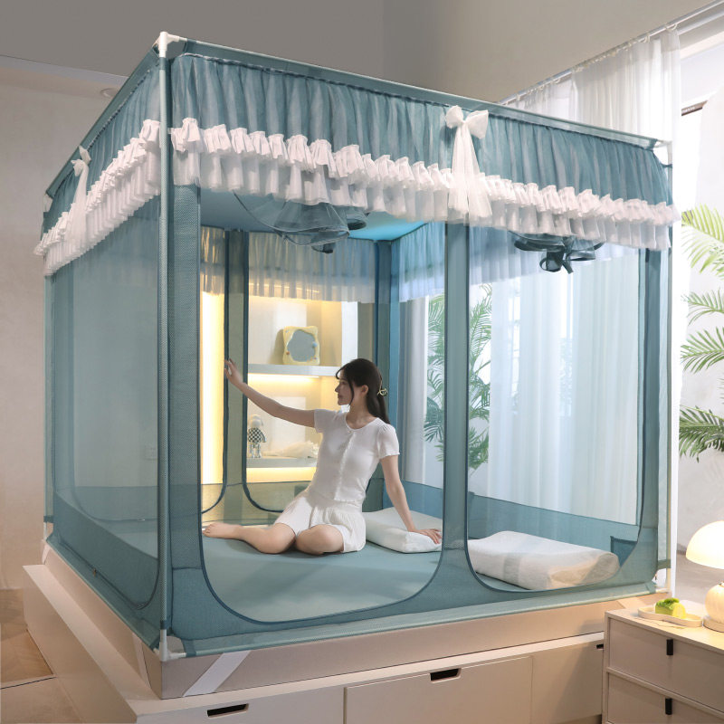 五开门自连接烤漆外穿杆坐床蚊帐三开门防摔家用方帐加密加厚支架