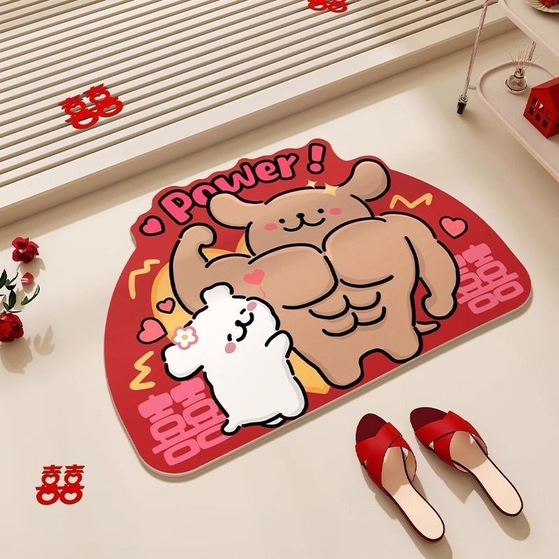 线条小狗结婚浴室地垫婚礼红色吸水硅藻泥卧室厕所卫生间门口脚垫