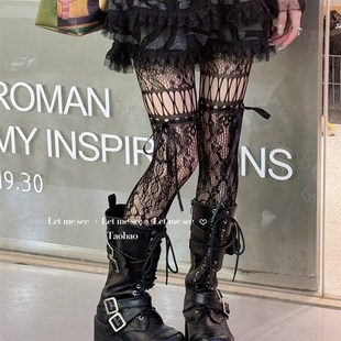 小众y2k显瘦连裤 LET 千禧辣妹复古丝带蝴蝶结蕾丝网袜 SEE 袜