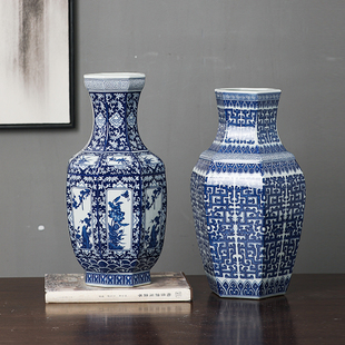 仿古手绘青花瓷花瓶摆件中式古香古色客厅陶瓷花瓶新中式花瓶摆件
