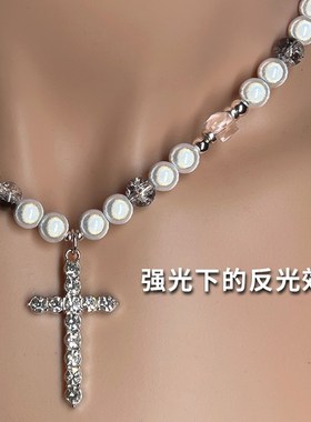 拼接反光珍珠项链男小众设计锁骨链十字架吊坠欧美嘻哈风女锁骨链