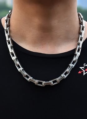 磨砂刻字粗方扣项链  钛钢拉丝竹节链男士街头风潮牌时尚礼品配饰