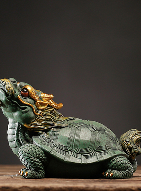 国潮精品盘龙卧龙茶宠摆件创w意彩金麒麟龙龟家居客厅酒柜桌面装