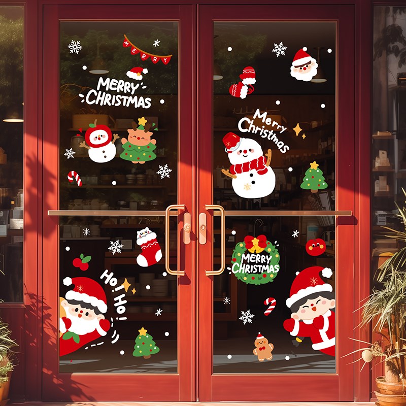 圣诞节装饰玻璃门贴纸商铺窗贴静电窗花纸圣诞老人树贴Z画场景布