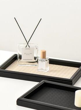 小西家复古风编织纹皮革木质长方盘香薰托盘杂物收纳盘装饰摆盘