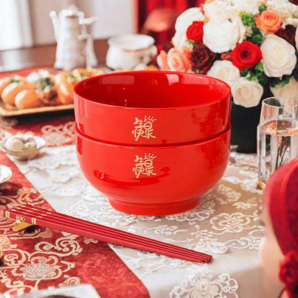 中式结婚百年好合大号碗陶瓷红色碗大拉面碗筷新人吃面婚前用品