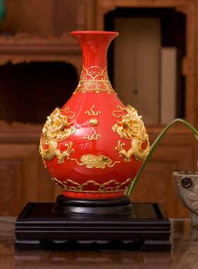 双龙玉壶春红花瓶 厦门漆线雕工艺品摆件生日乔迁开业祝寿礼物