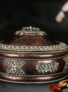 西藏藏式复古收纳盒储物盒糌粑盒糖果盒米盒纯铜客厅装饰摆件