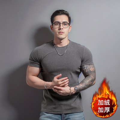 2025加绒加厚短袖T恤男秋冬季