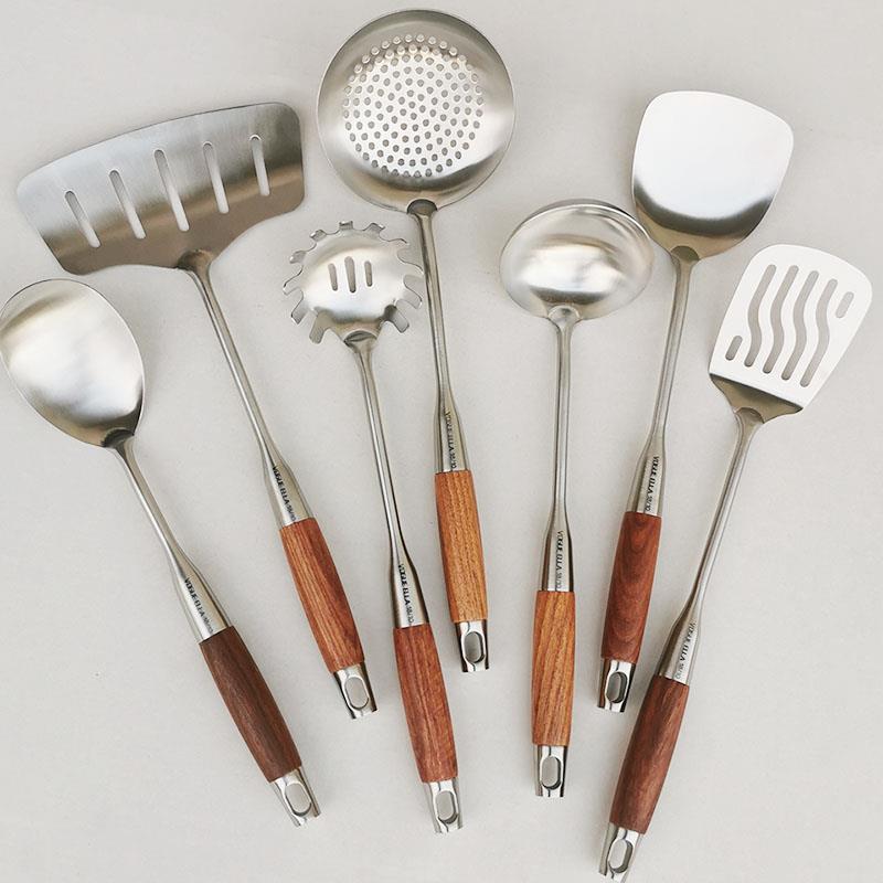 出口单18/10不锈钢木柄锅铲汤勺304炒菜铲子漏勺炒勺厨具铲套装