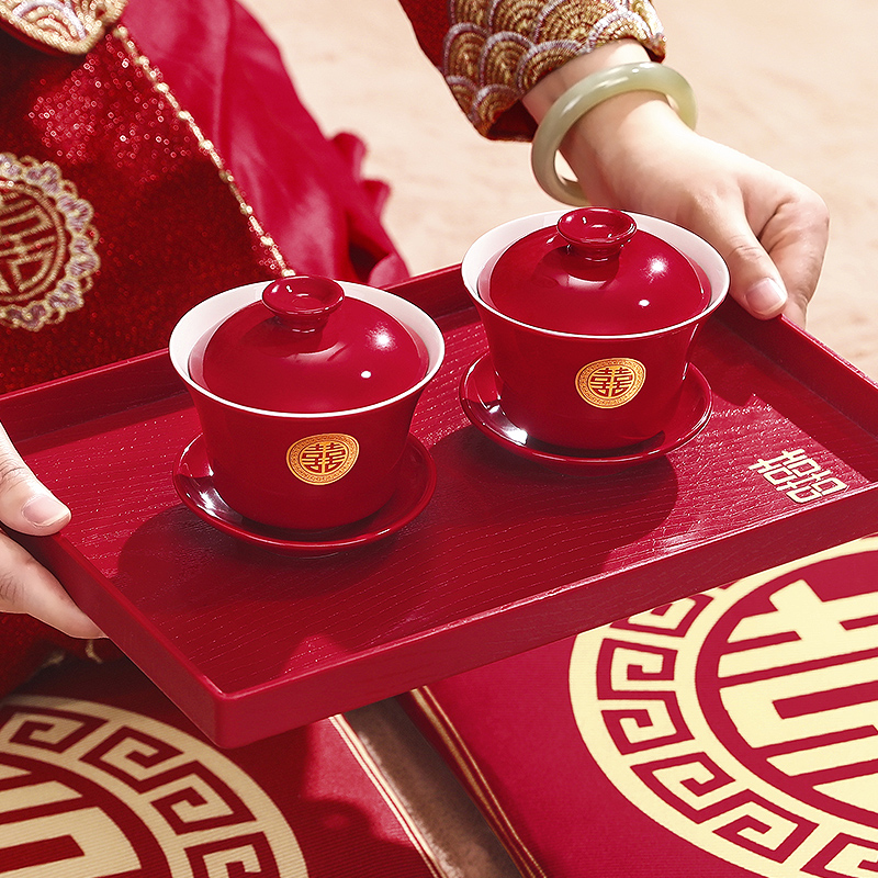 结婚改口敬茶杯套装2024新款婚礼敬酒红色茶具中式喜碗筷勺子一对