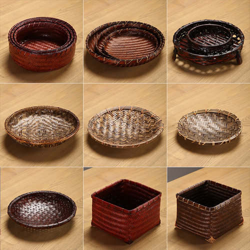 复古竹编做旧干果盘中式茶道零件收纳盘点心盒手工竹编承物盘包邮