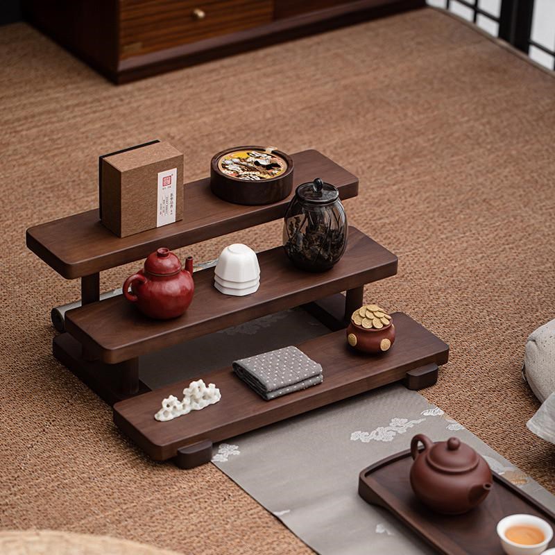 胡桃木桌b面置物架收纳架小型阶梯茶具架实木杯架茶壶展示架陈列