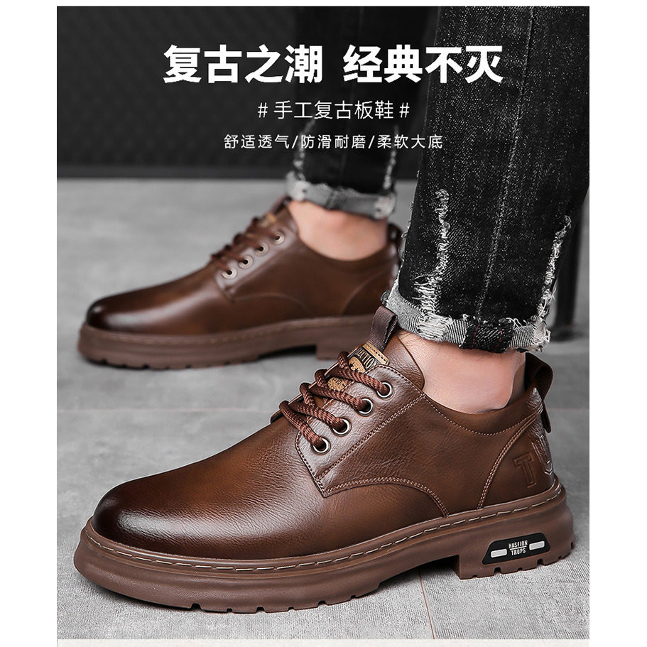真皮软底复古低帮男士工装马丁靴