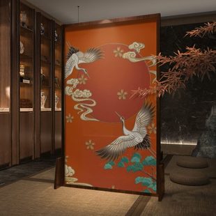 屏风隔断客厅进门卧室遮挡家用可移动乔其纱座屏中国红仙鹤 新中式