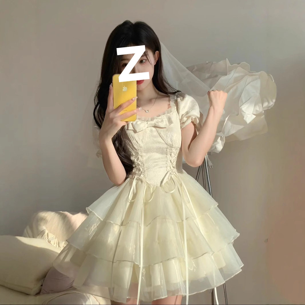 夏季2025现货蝴蝶结提花欧根纱仙女感连衣裙女在逃公主蓬蓬短裙子